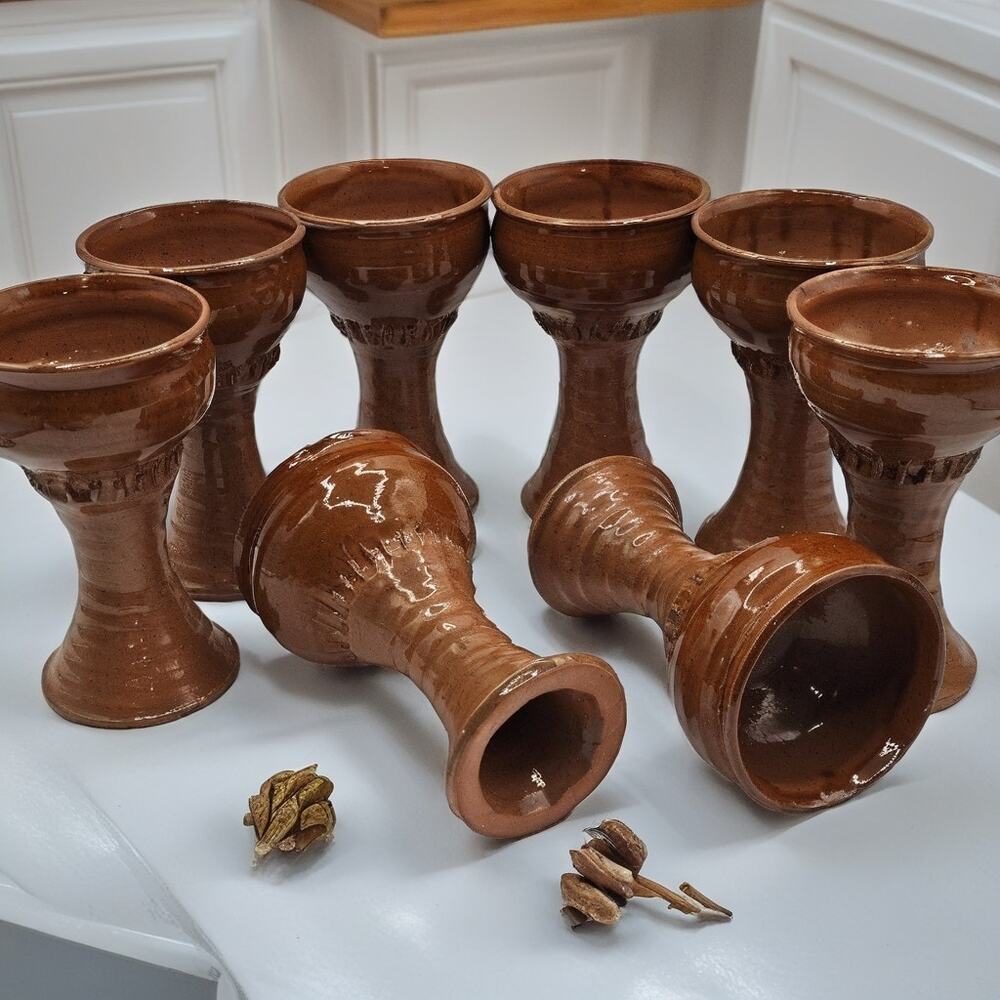 Vintage 1980s Artist Signed Stoneware Chalice Goblet Set Of 8 Drip Glaze Brown